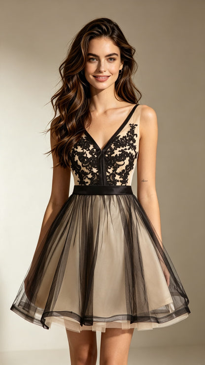 Effortless A-line Black Homecoming Dress V Neck Tulle Short Formal Dress LFNG0037