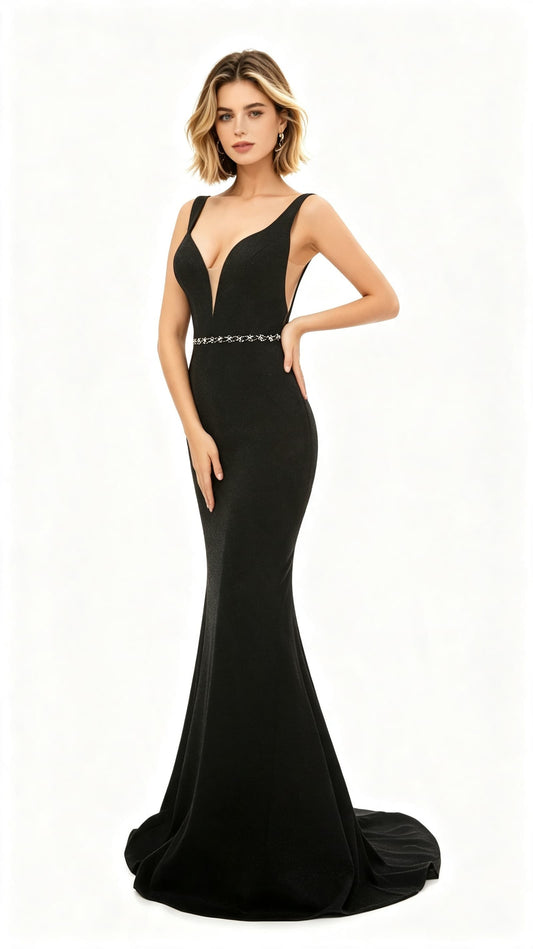 Classy Mermaid Black Evening Dress V Neck Polyester Long Formal Dress LFNL0588