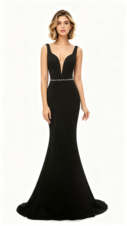 Classy Mermaid Black Evening Dress V Neck Polyester Long Formal Dress LFNL0588