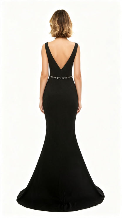 Classy Mermaid Black Evening Dress V Neck Polyester Long Formal Dress LFNL0588