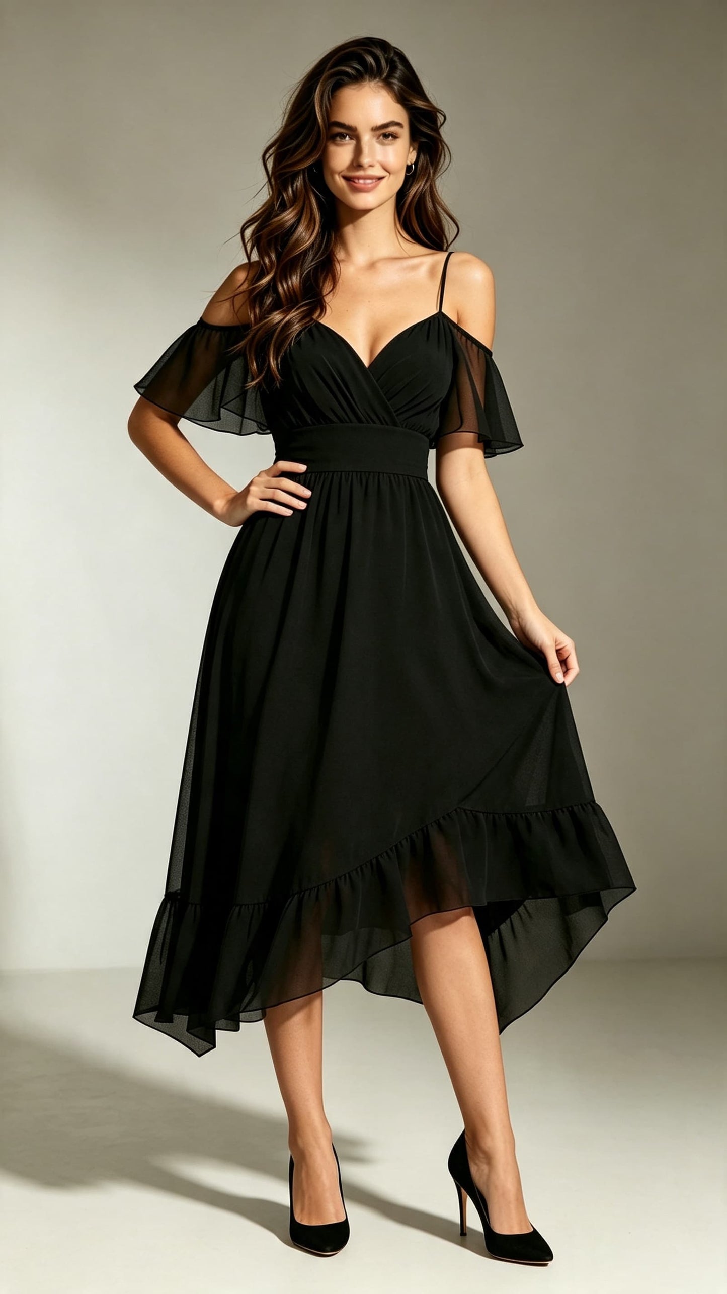 Chic A-line Black Bridesmaid Gowns Straps Chiffon Midi Length Formal Dress LFNL0709