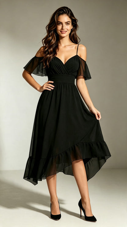 Chic A-line Black Bridesmaid Gowns Straps Chiffon Midi Length Formal Dress LFNL0709