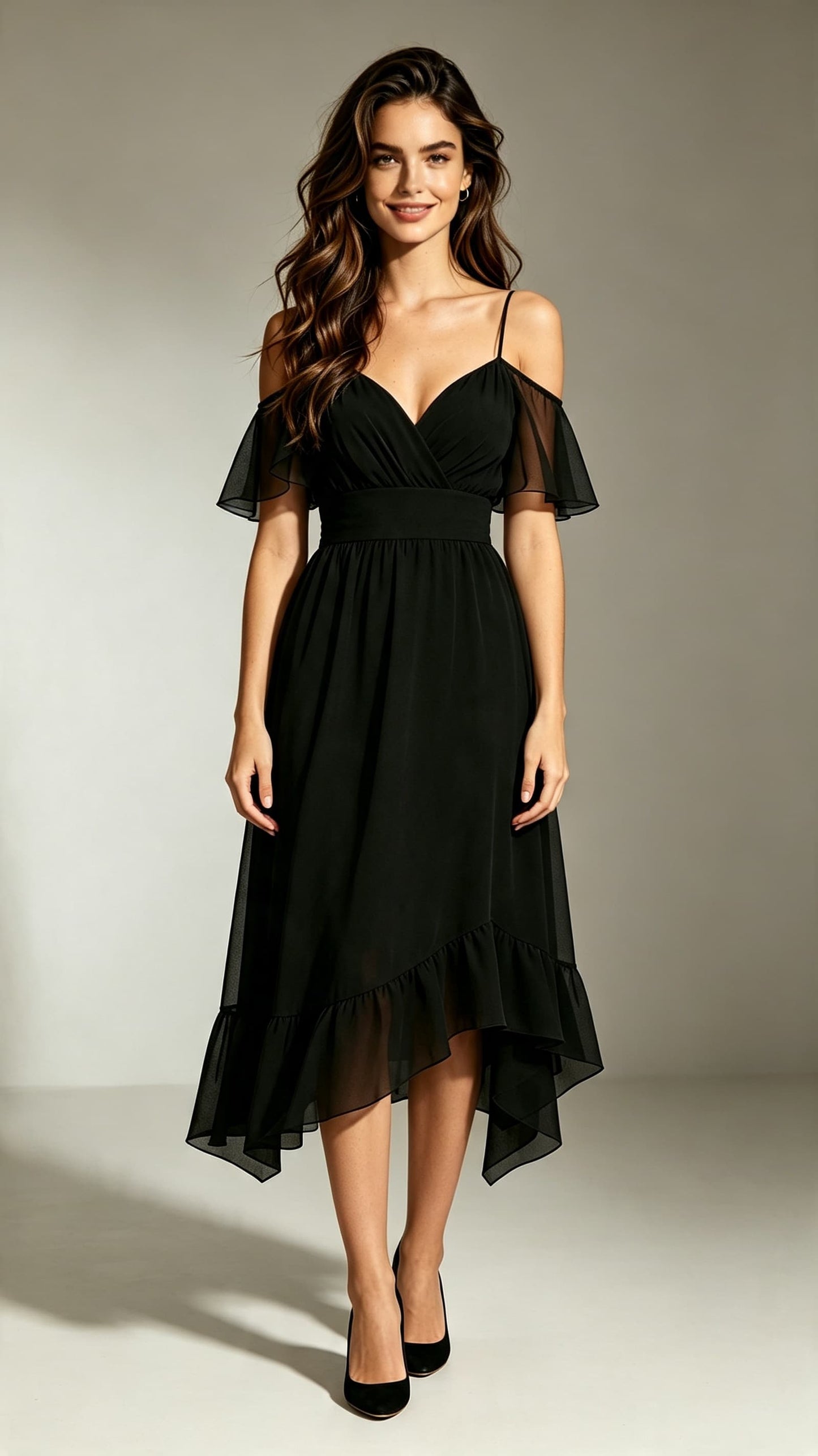 Chic A-line Black Bridesmaid Gowns Straps Chiffon Midi Length Formal Dress LFNL0709