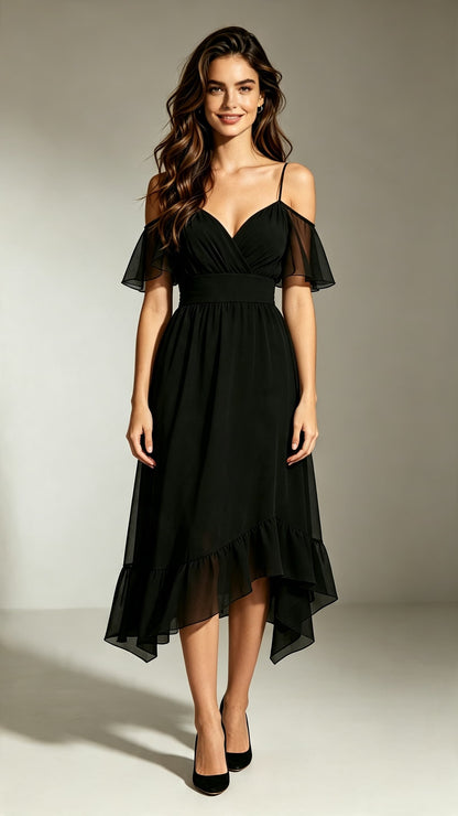 Chic A-line Black Bridesmaid Gowns Straps Chiffon Midi Length Formal Dress LFNL0709