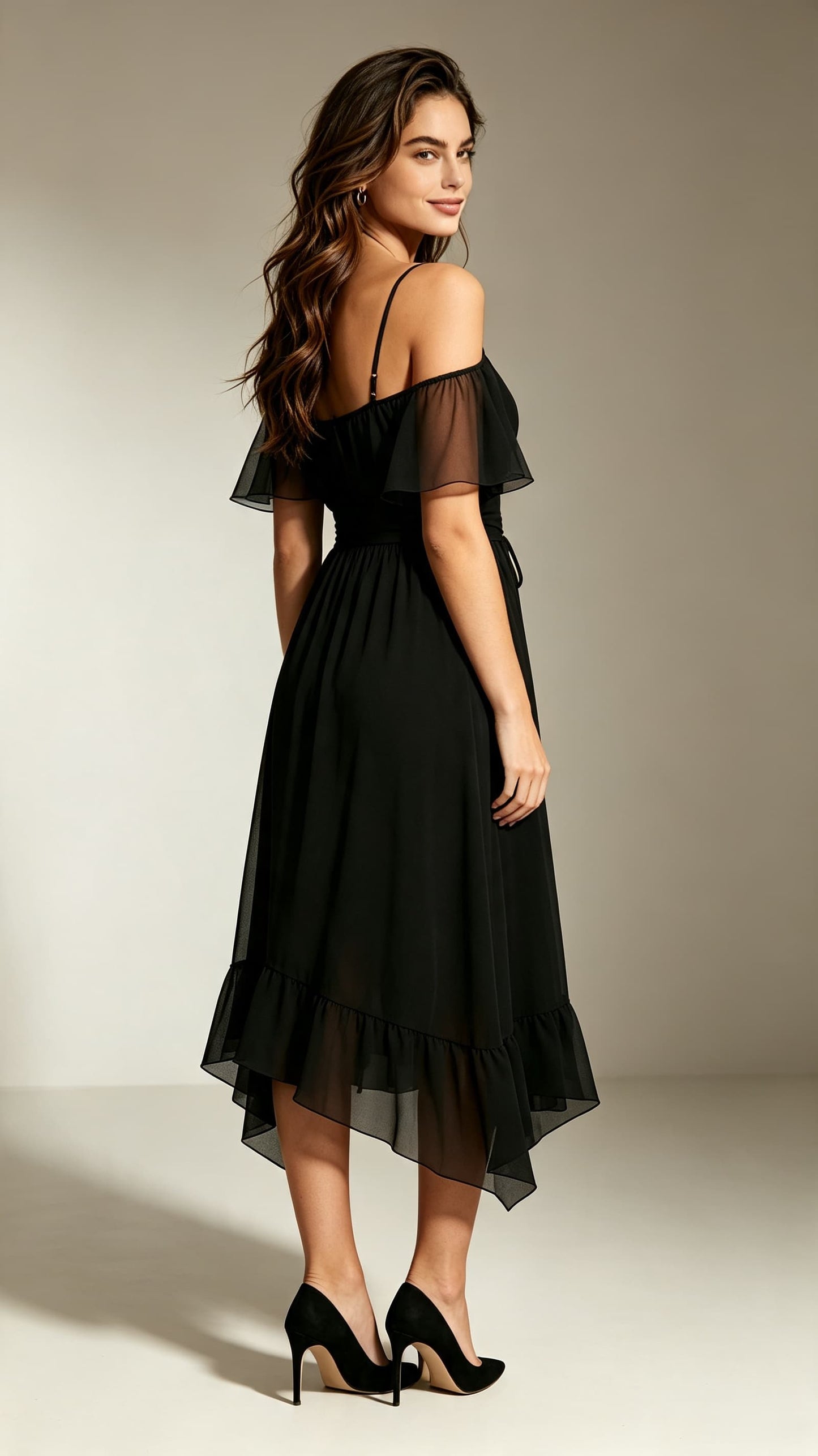 Chic A-line Black Bridesmaid Gowns Straps Chiffon Midi Length Formal Dress LFNL0709