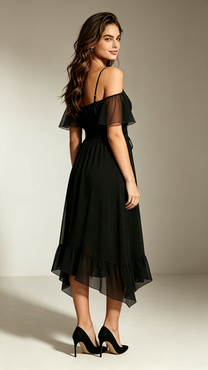 Chic A-line Black Bridesmaid Gowns Straps Chiffon Midi Length Formal Dress LFNL0709