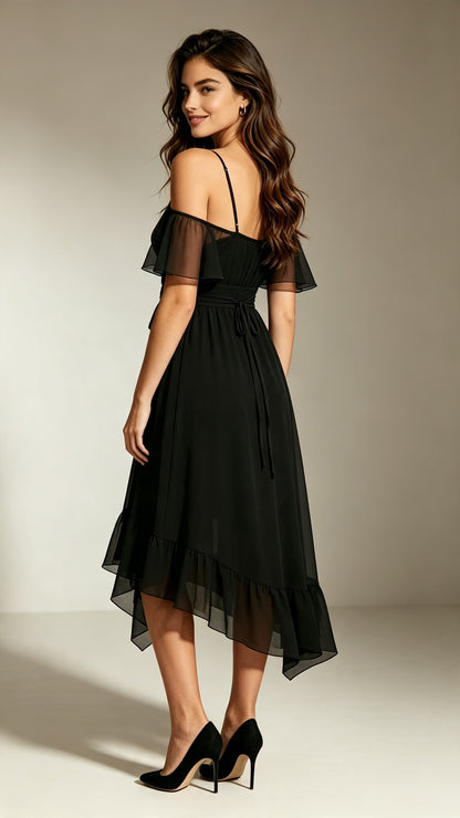 Chic A-line Black Bridesmaid Gowns Straps Chiffon Midi Length Formal Dress LFNL0709