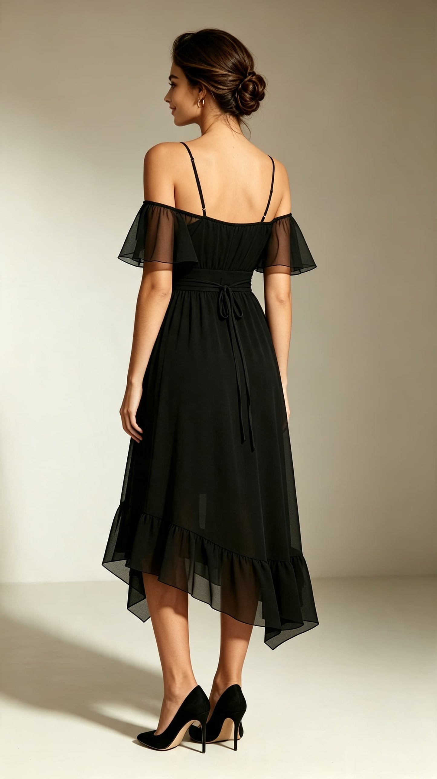Chic A-line Black Bridesmaid Gowns Straps Chiffon Midi Length Formal Dress LFNL0709