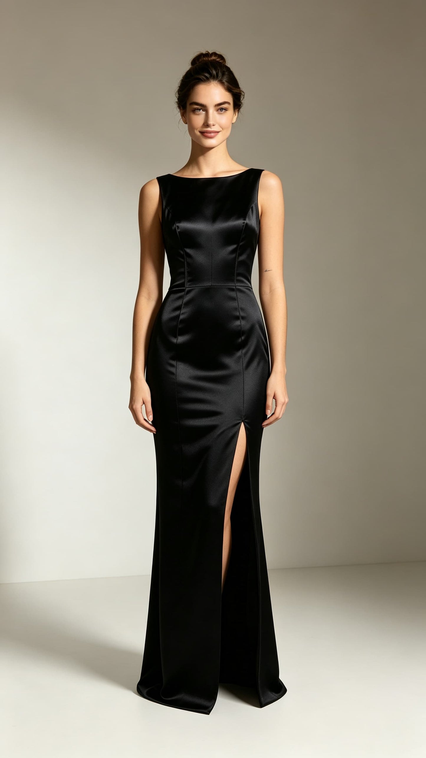 Polished Mermaid Black Evening Gowns Round neck Satin Long Formal Dress LFNL0719