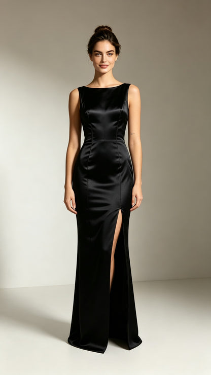 Polished Mermaid Black Evening Gowns Round neck Satin Long Formal Dress LFNL0719
