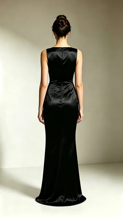 Polished Mermaid Black Evening Gowns Round neck Satin Long Formal Dress LFNL0719