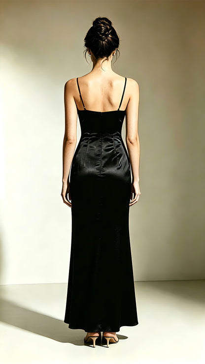 Beautiful tailored Mermaid Black Evening Gowns Straps Satin Maxi Dress LFNL0771