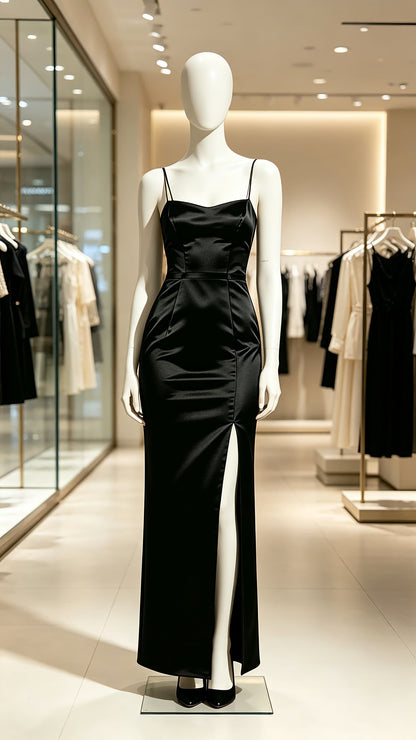 Beautiful tailored Mermaid Black Evening Gowns Straps Satin Maxi Dress LFNL0771