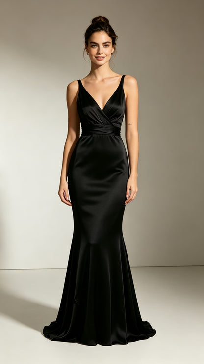 Polished Mermaid Black Evening Gowns V Neck Polyester Prom Gowns LFNL0760
