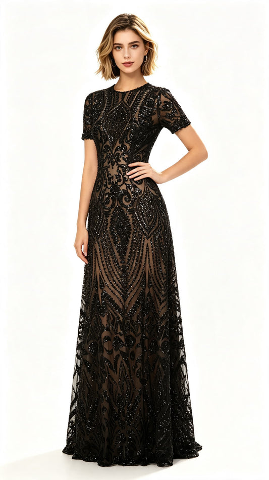 Gorgeous A-line Black Evening Dress Round Neck Sequins Long Formal Dress LFNL0587