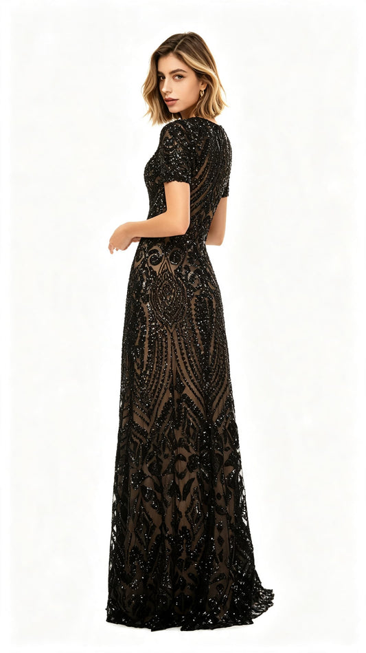 Gorgeous A-line Black Evening Dress Round Neck Sequins Long Formal Dress LFNL0587