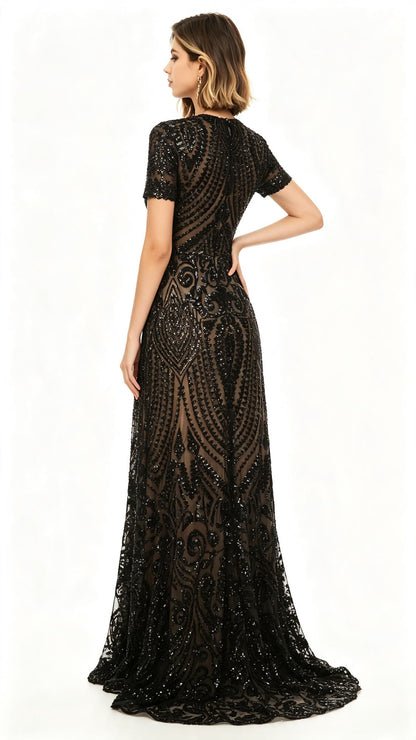 Gorgeous A-line Black Evening Dress Round Neck Sequins Long Formal Dress LFNL0587