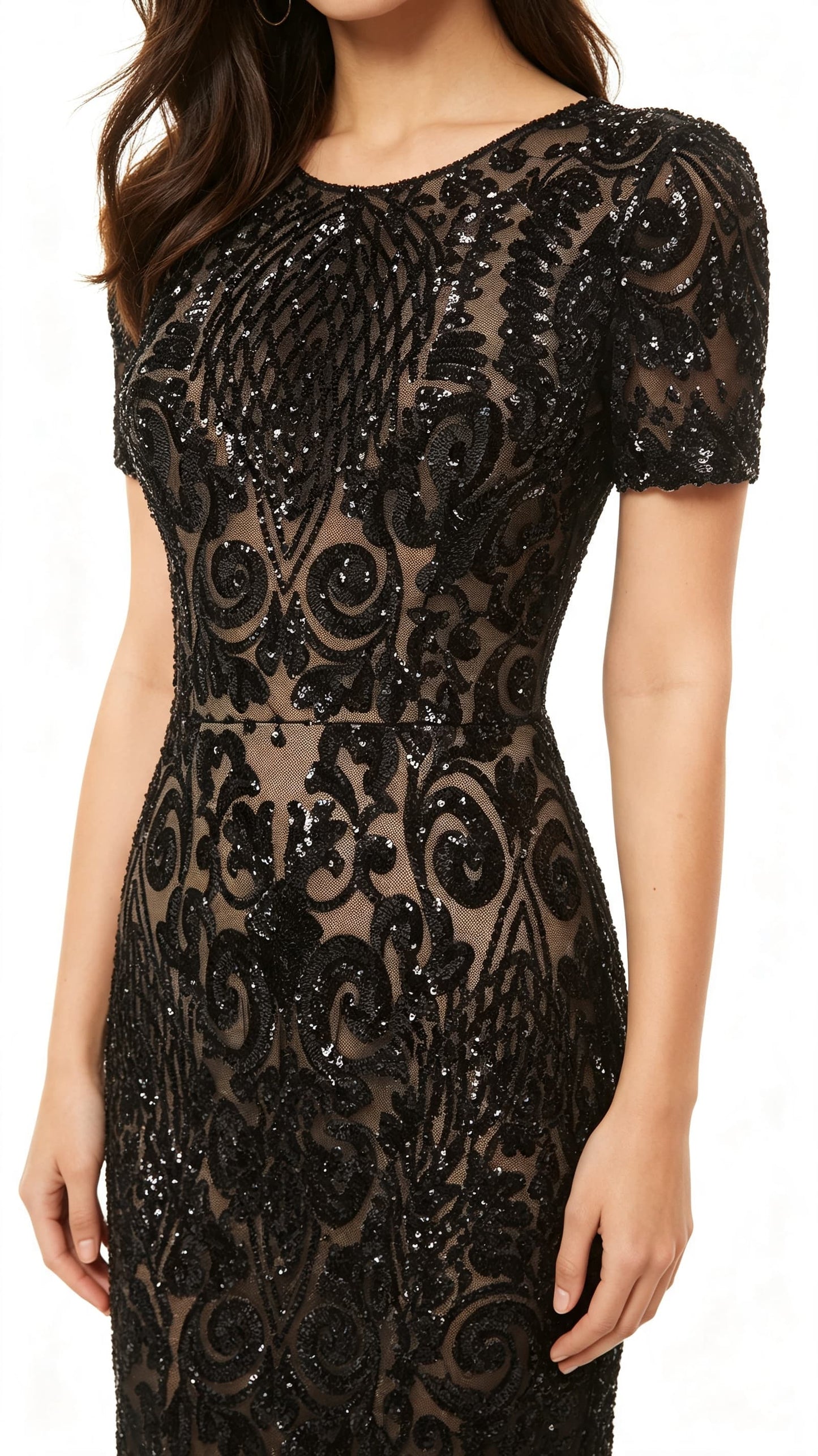 Gorgeous A-line Black Evening Dress Round Neck Sequins Long Formal Dress LFNL0587