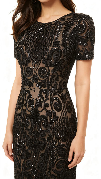 Gorgeous A-line Black Evening Dress Round Neck Sequins Long Formal Dress LFNL0587