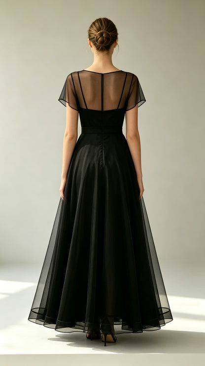 Eye-catching A-line Black Evening Gowns Round neck Tulle Maxi Dress LFNL0794