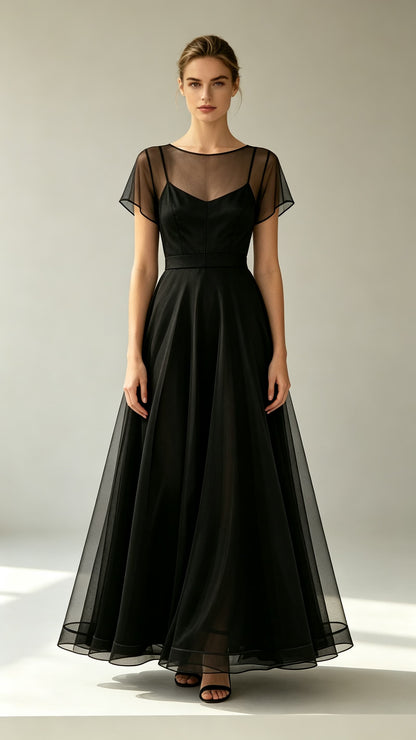 Eye-catching A-line Black Evening Gowns Round neck Tulle Maxi Dress LFNL0794