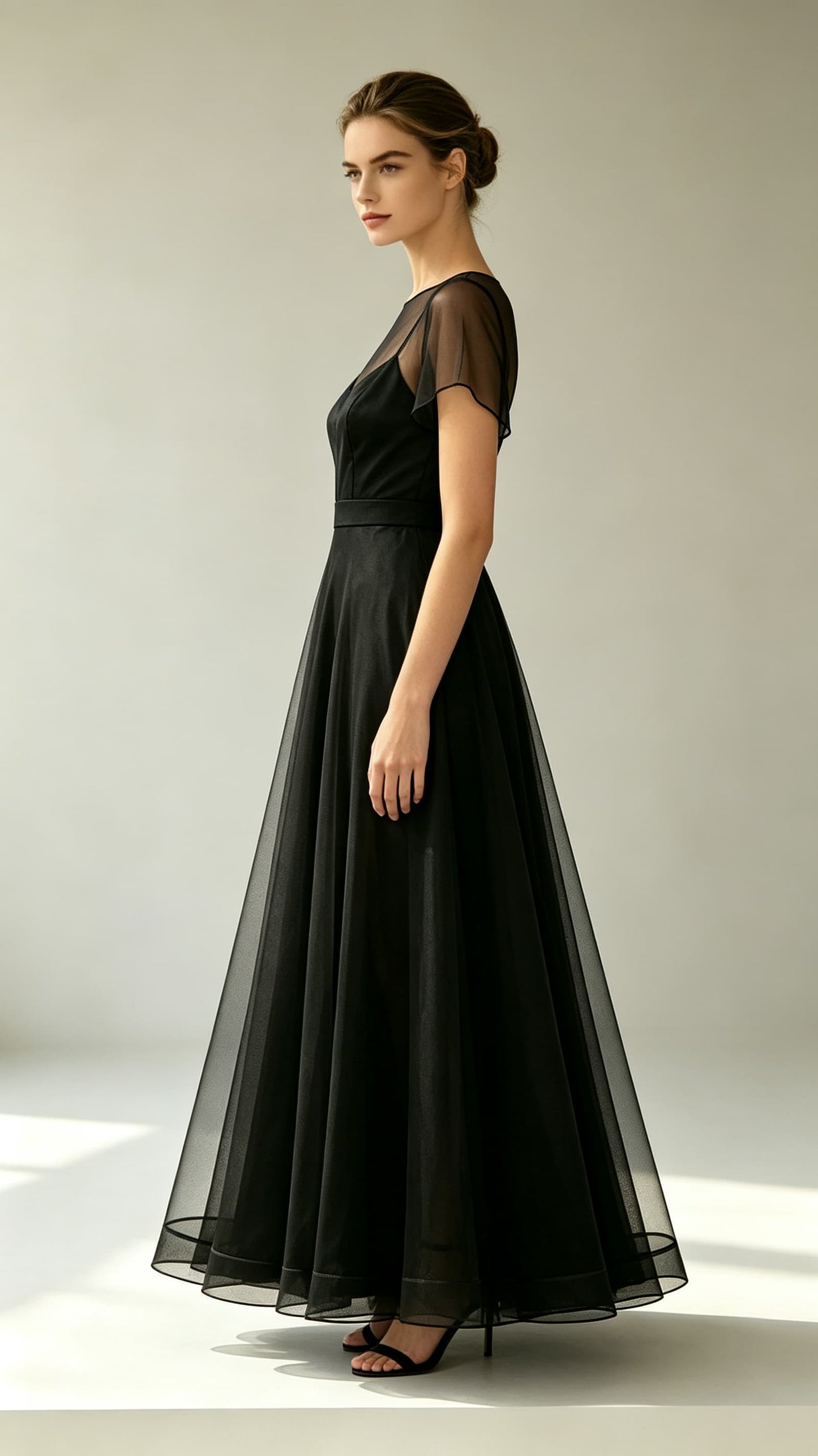 Eye-catching A-line Black Evening Gowns Round neck Tulle Maxi Dress LFNL0794