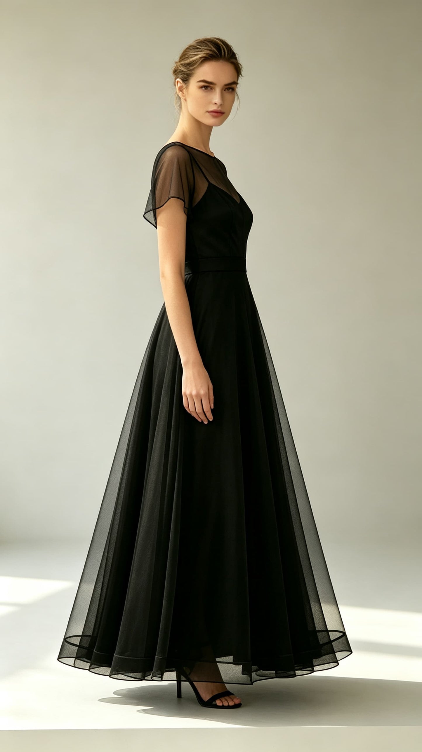 Eye-catching A-line Black Evening Gowns Round neck Tulle Maxi Dress LFNL0794