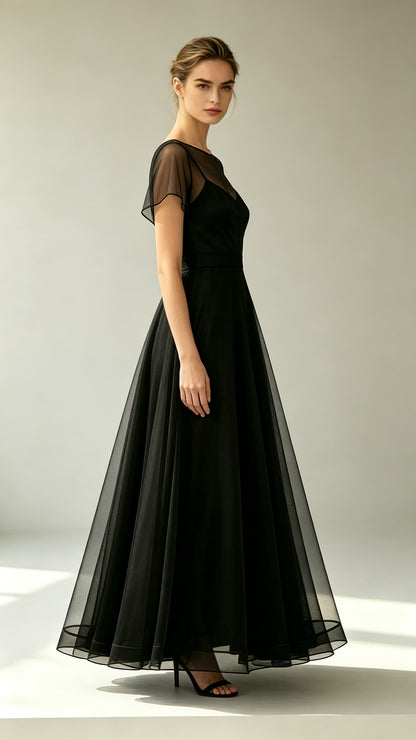 Eye-catching A-line Black Evening Gowns Round neck Tulle Maxi Dress LFNL0794