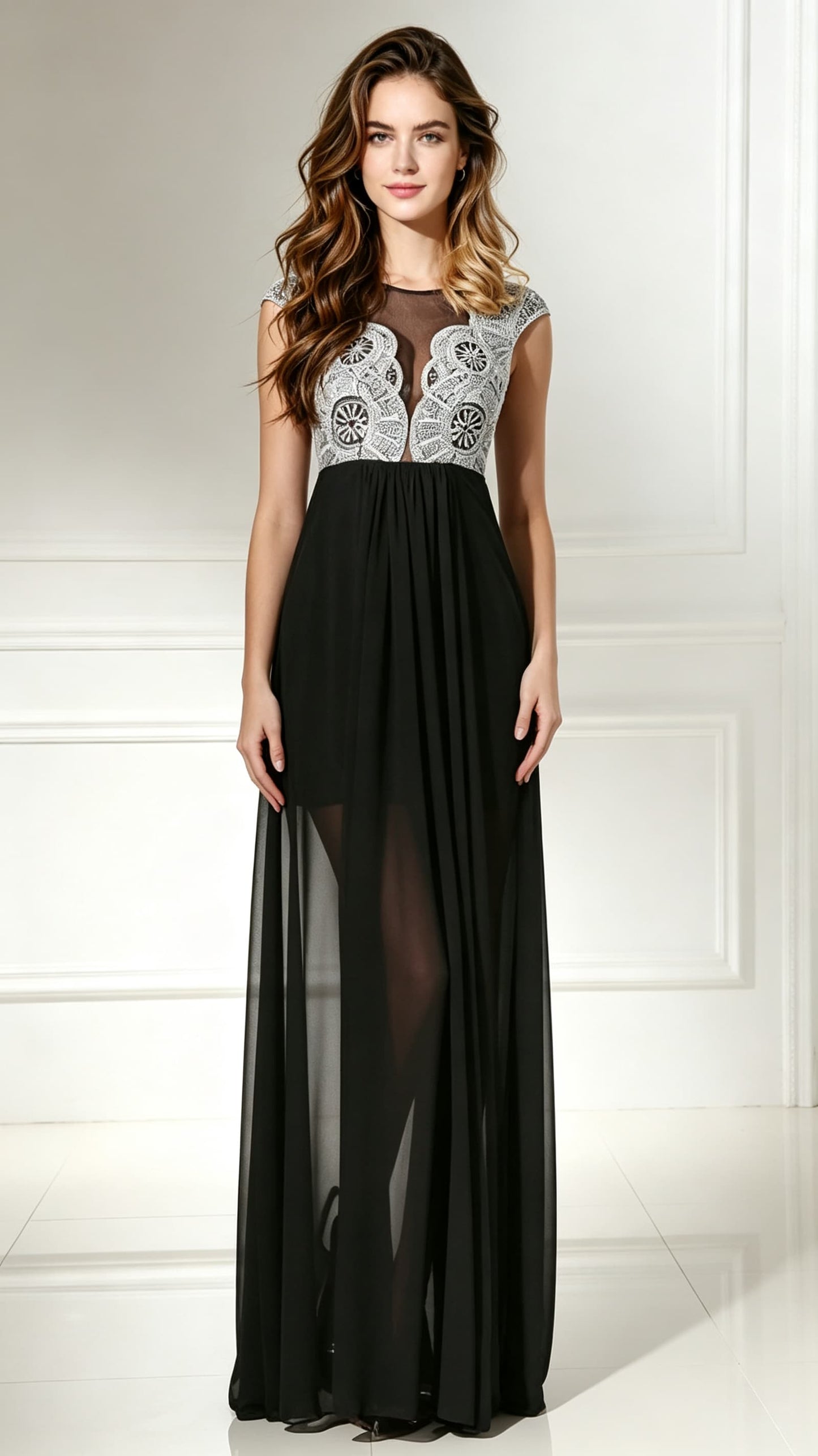 Elegant A-line Black Evening Dress Round Neck Chiffon Long Formal Dress LFNL0488