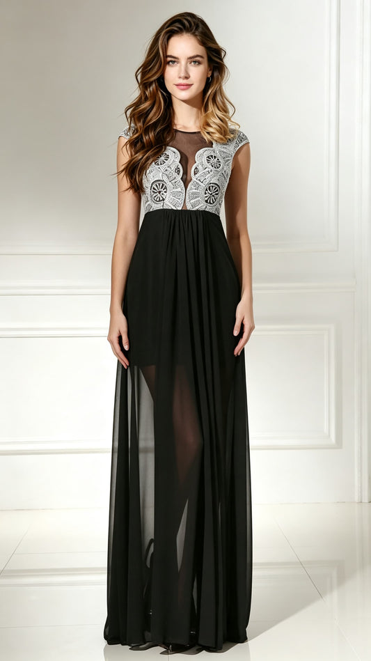 Elegant A-line Black Evening Dress Round Neck Chiffon Long Formal Dress LFNL0488