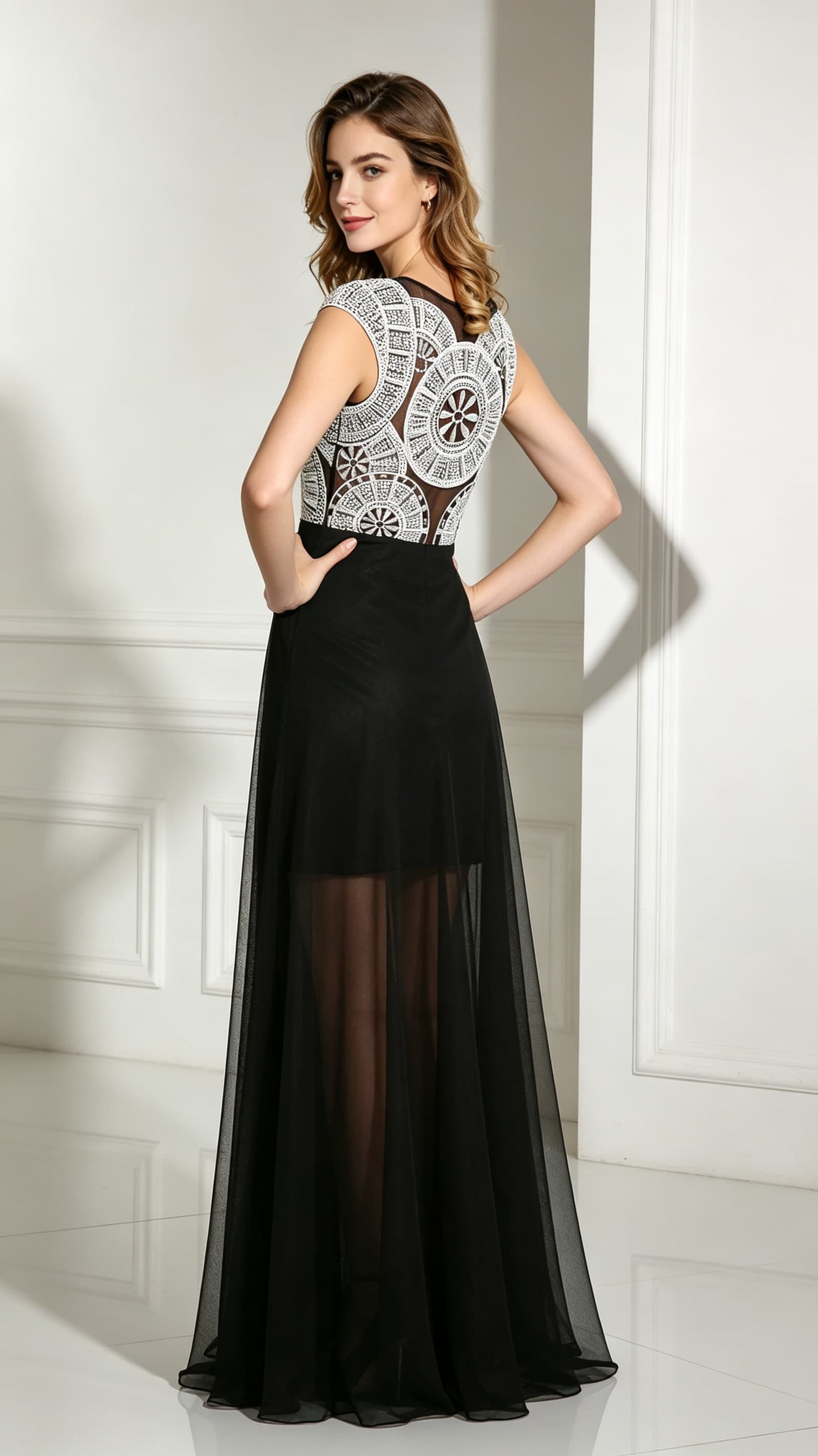 Elegant A-line Black Evening Dress Round Neck Chiffon Long Formal Dress LFNL0488