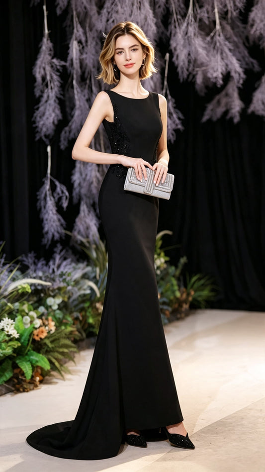 Lightweight Mermaid Black Evening Dress Round Neck Polyester Long Formal Dress LFNC0354