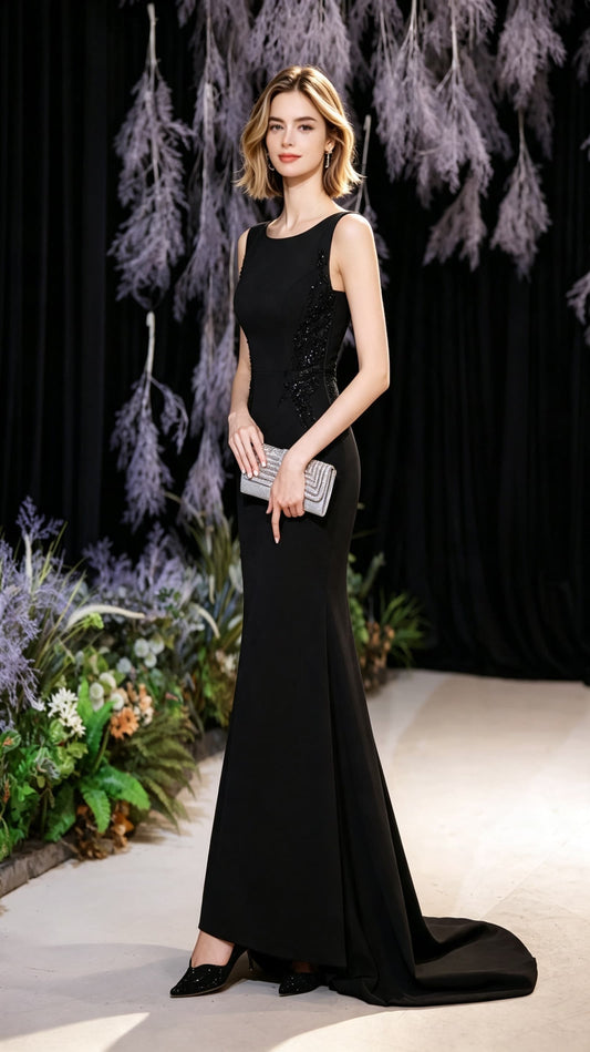 Lightweight Mermaid Black Evening Dress Round Neck Polyester Long Formal Dress LFNC0354