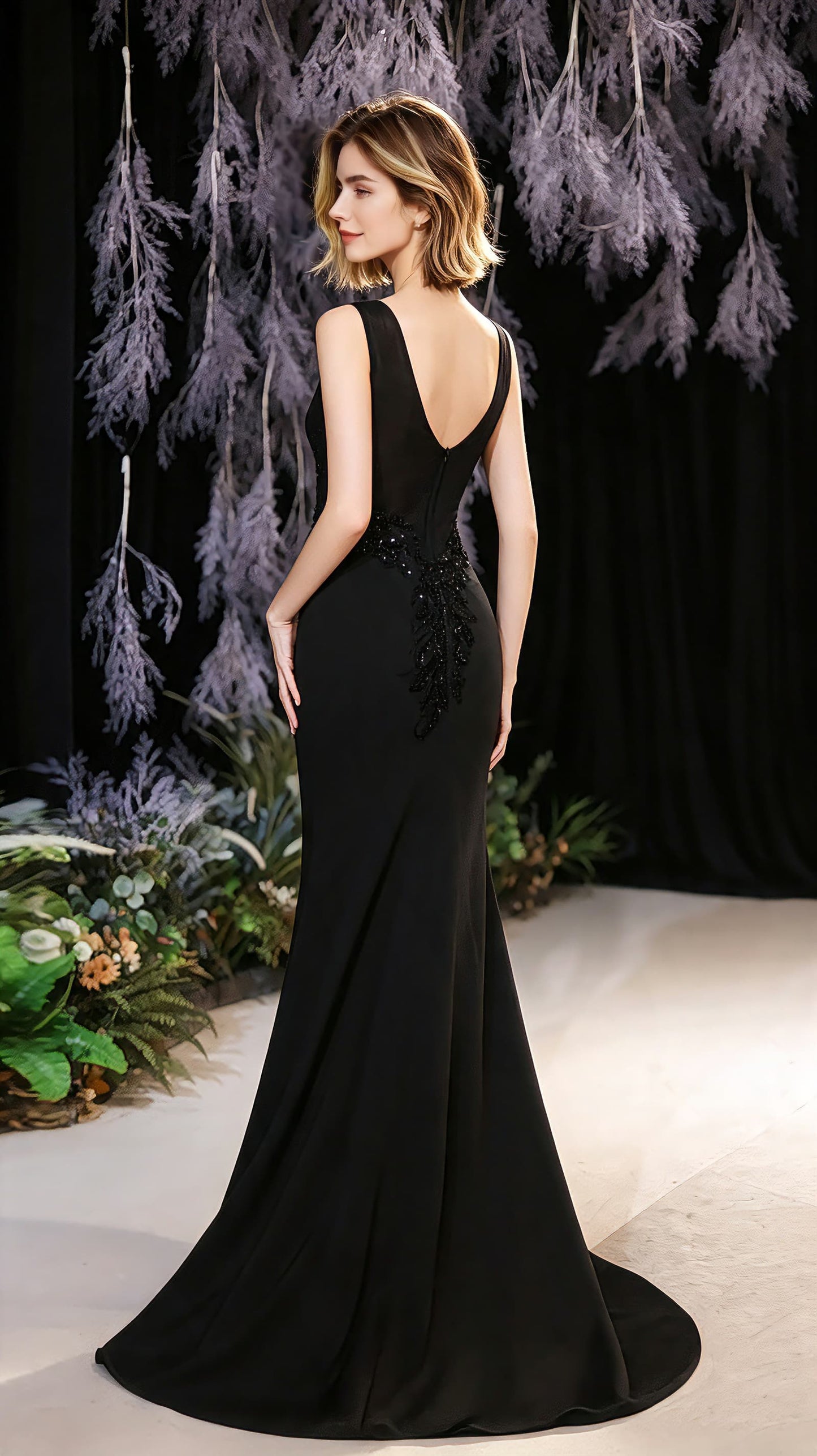 Lightweight Mermaid Black Evening Dress Round Neck Polyester Long Formal Dress LFNC0354