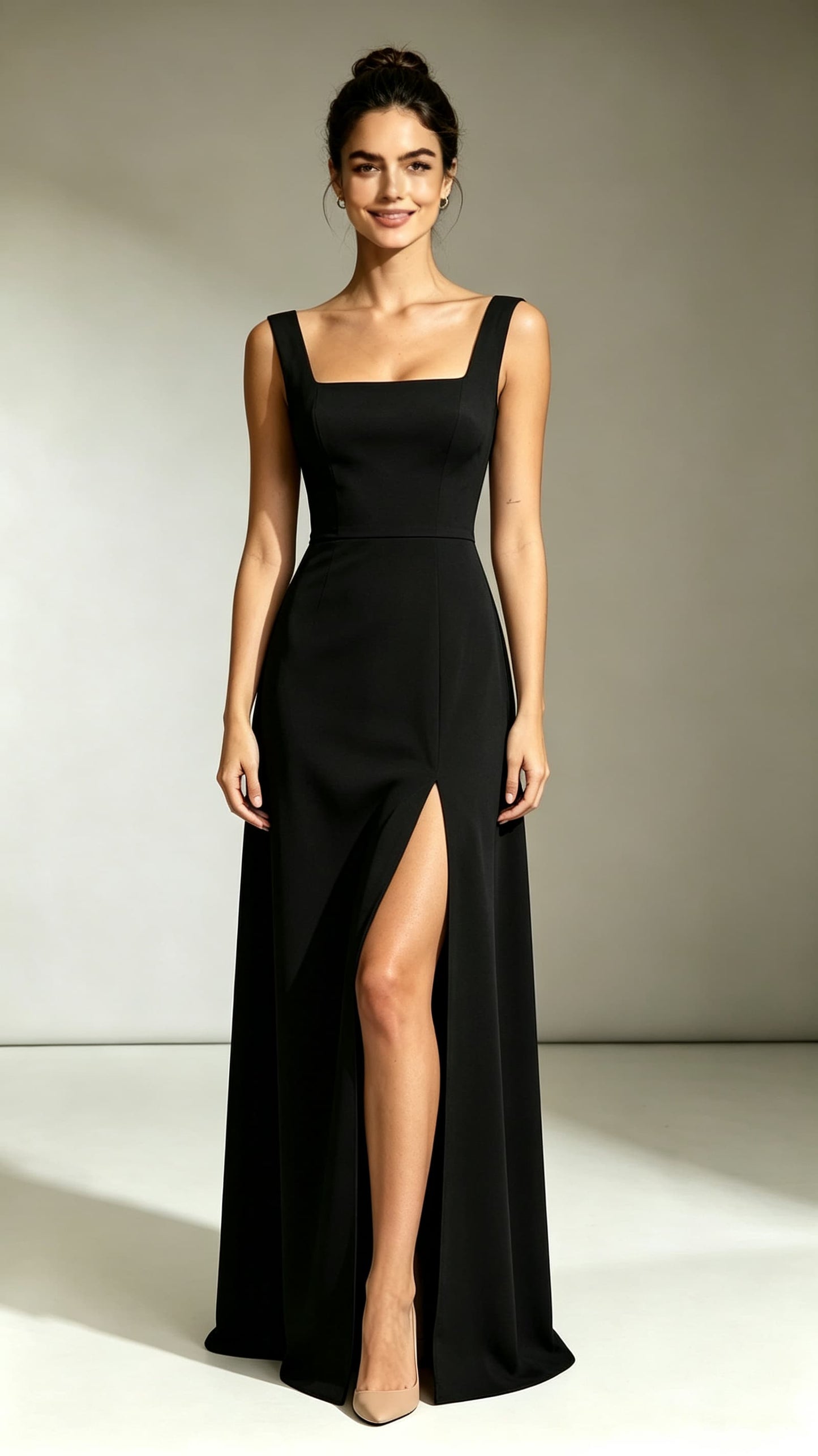 Classy A-line Black Evening Gowns Straps Polyester Maxi Dress LFNL0772