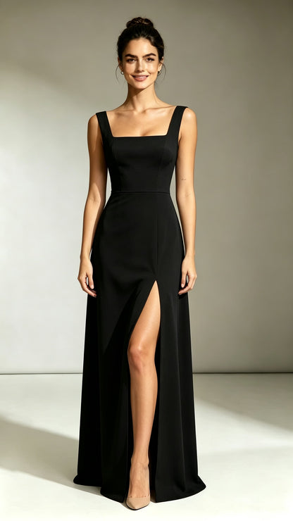 Classy A-line Black Evening Gowns Straps Polyester Maxi Dress LFNL0772
