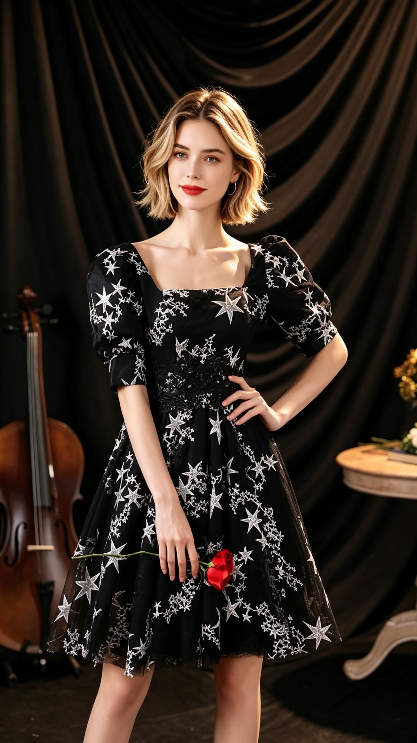 Beautiful tailored A-line Black Evening Dress Square Collar Neck Tulle Short Formal Dress LFNC0430