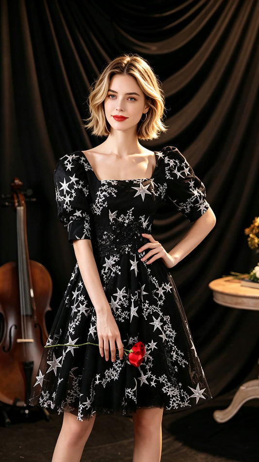Beautiful tailored A-line Black Evening Dress Square Collar Neck Tulle Short Formal Dress LFNC0430