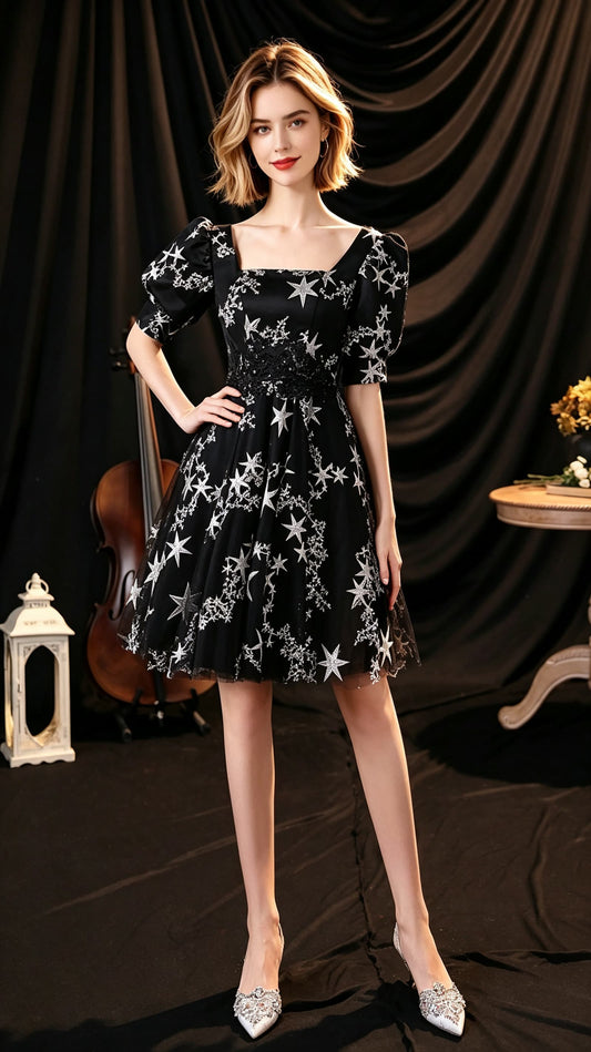 Beautiful tailored A-line Black Evening Dress Square Collar Neck Tulle Short Formal Dress LFNC0430