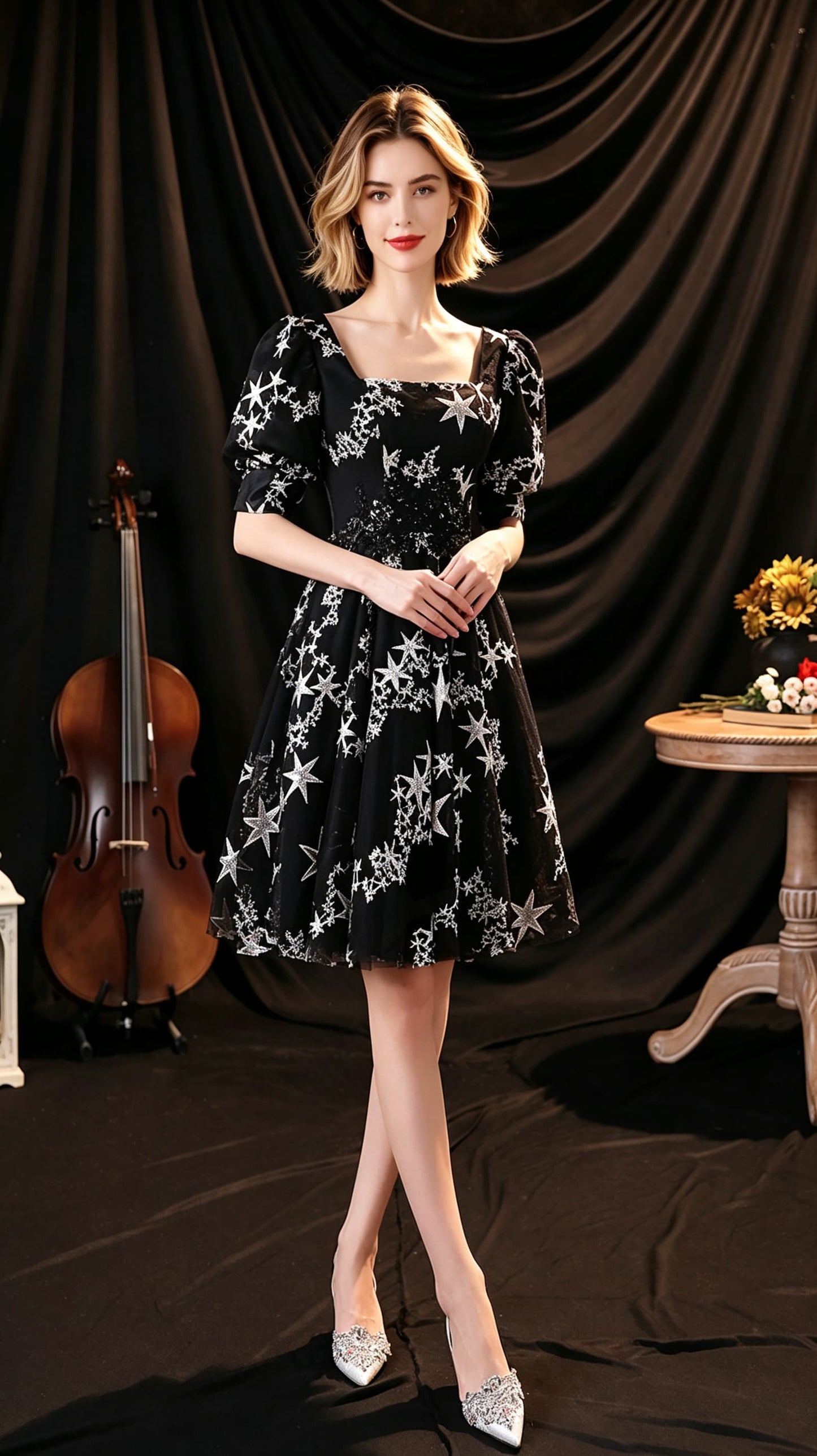 Beautiful tailored A-line Black Evening Dress Square Collar Neck Tulle Short Formal Dress LFNC0430