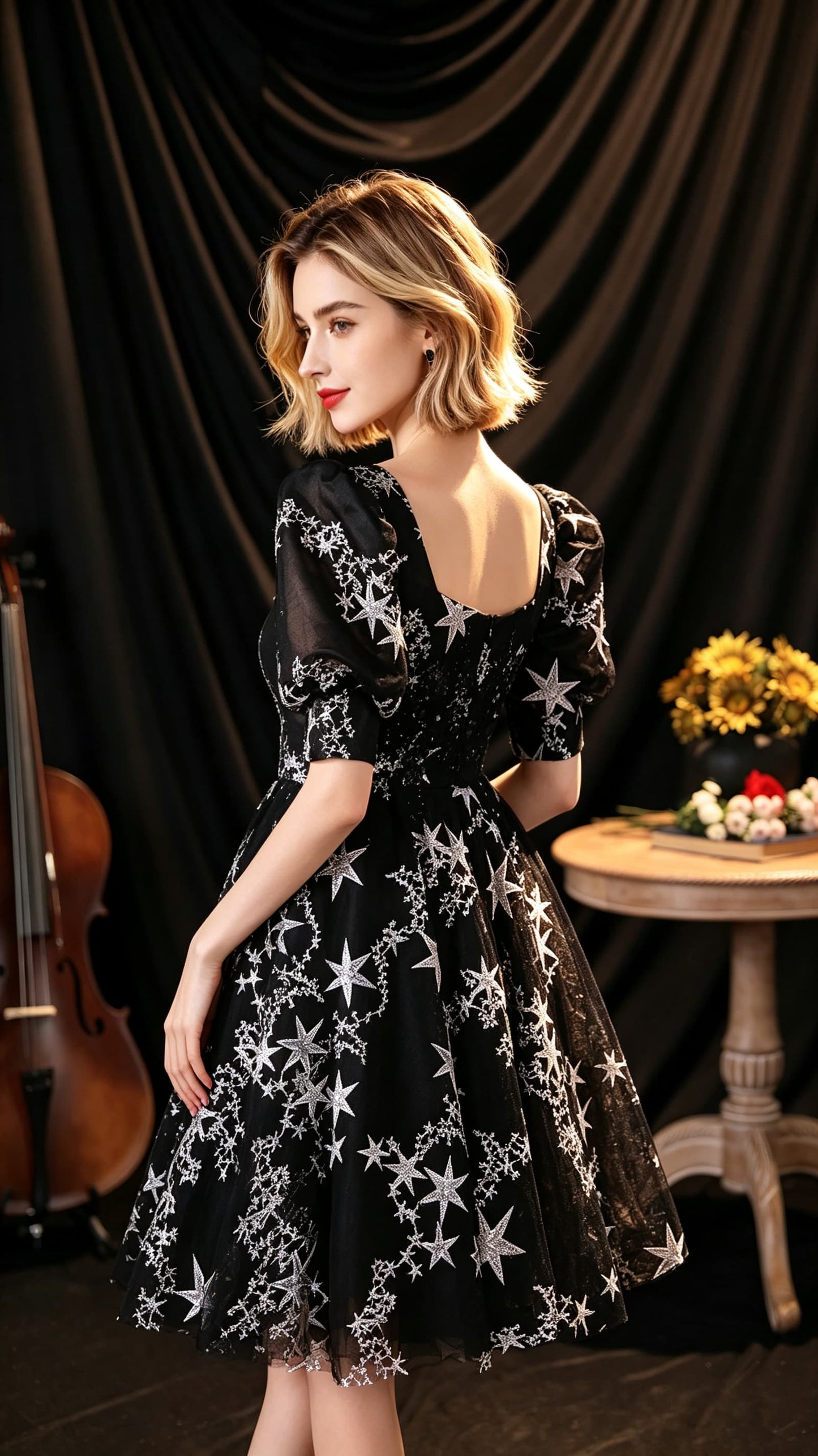 Beautiful tailored A-line Black Evening Dress Square Collar Neck Tulle Short Formal Dress LFNC0430
