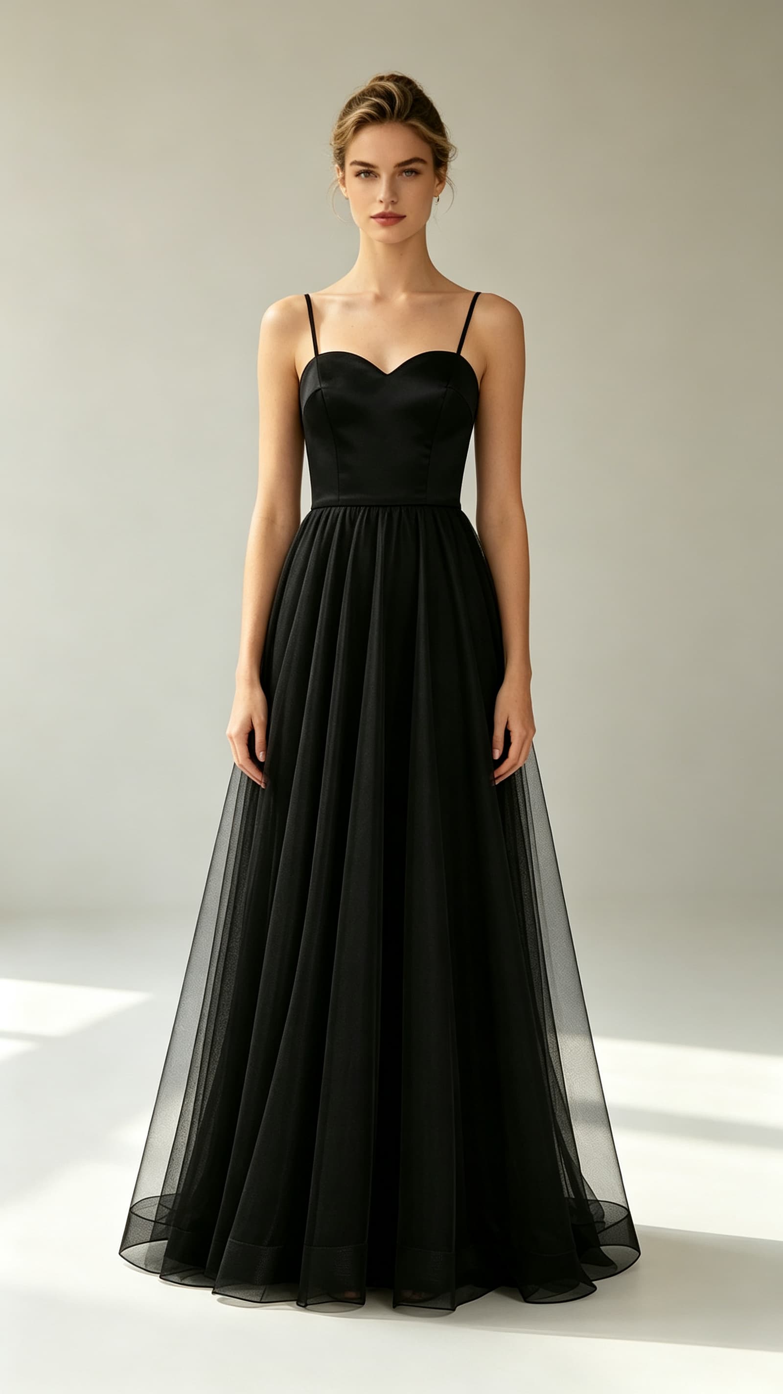 Feminine black A‑line satin tulle maxi evening gown, thin spaghetti straps, sweetheart bodice, voluminous layered tulle floor‑length skirt