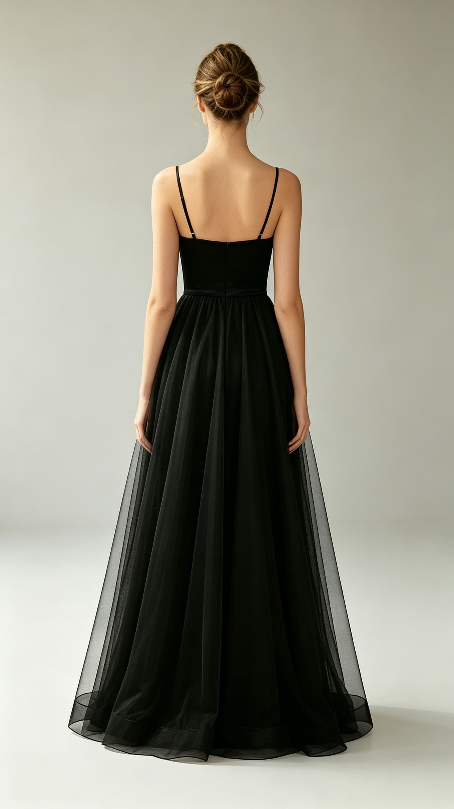 Feminine A-line Black Evening Gowns Straps Satin Tulle Maxi Dress LFNL0793