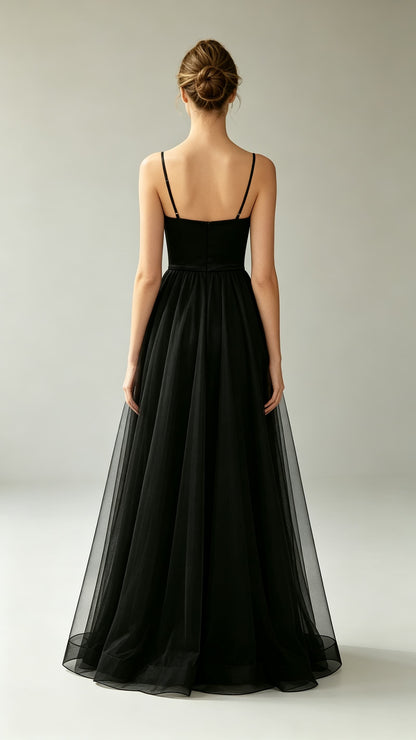 Feminine A-line Black Evening Gowns Straps Satin Tulle Maxi Dress LFNL0793