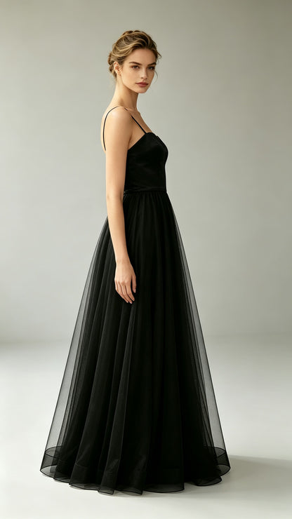 Feminine A-line Black Evening Gowns Straps Satin Tulle Maxi Dress LFNL0793