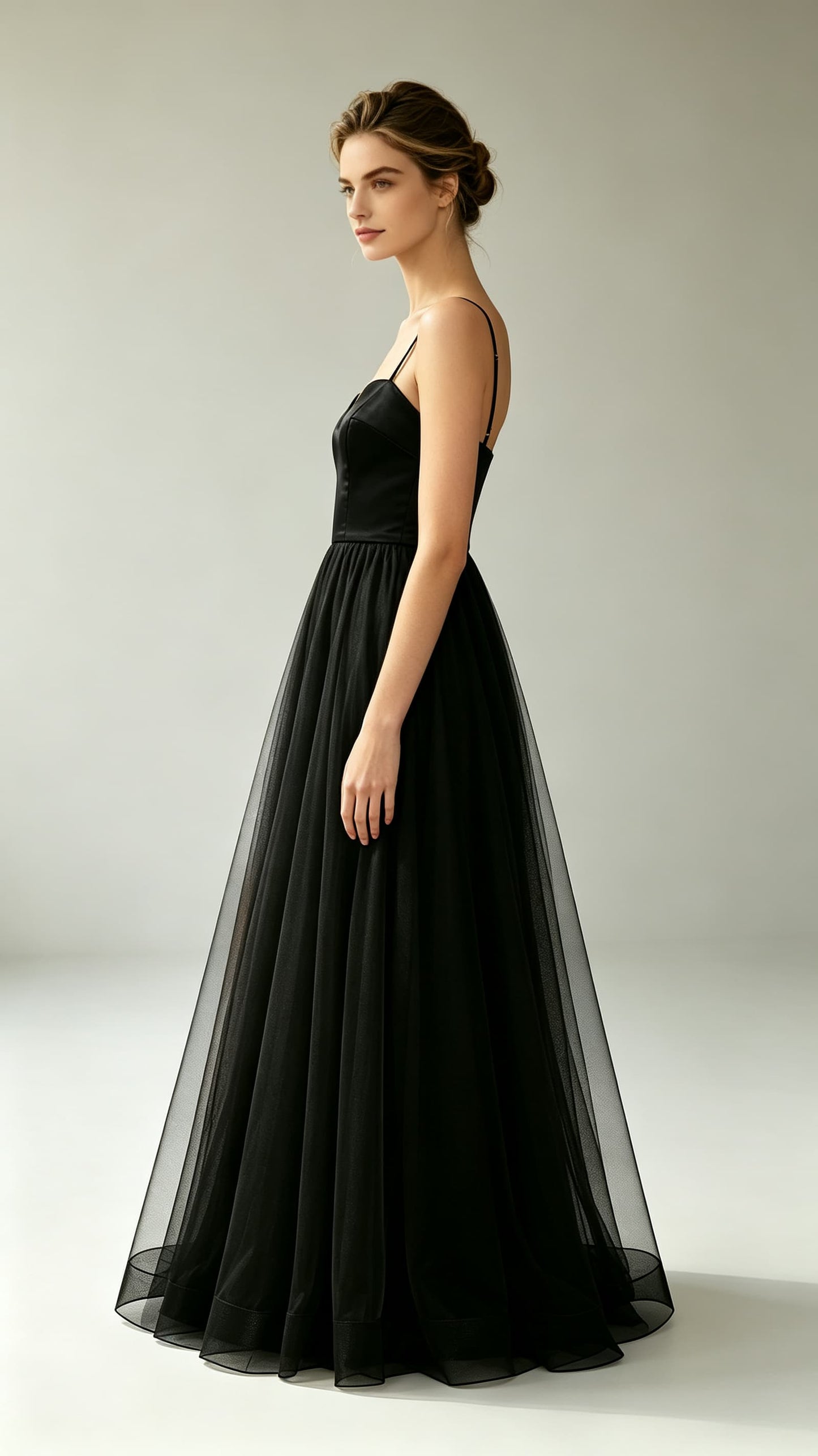 Feminine A-line Black Evening Gowns Straps Satin Tulle Maxi Dress LFNL0793
