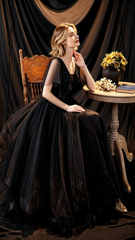 Stunning A-line Black Evening Dress V Neck Tulle Long Formal Dress LFNC0429