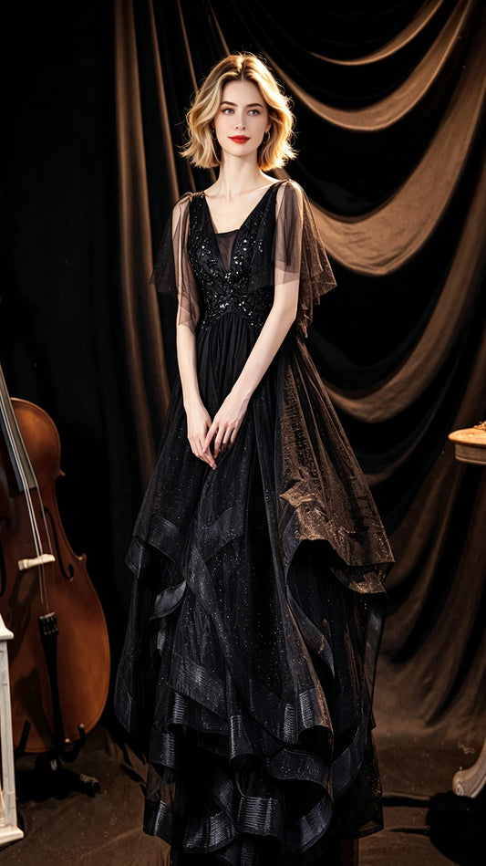 Stunning A-line Black Evening Dress V Neck Tulle Long Formal Dress LFNC0429