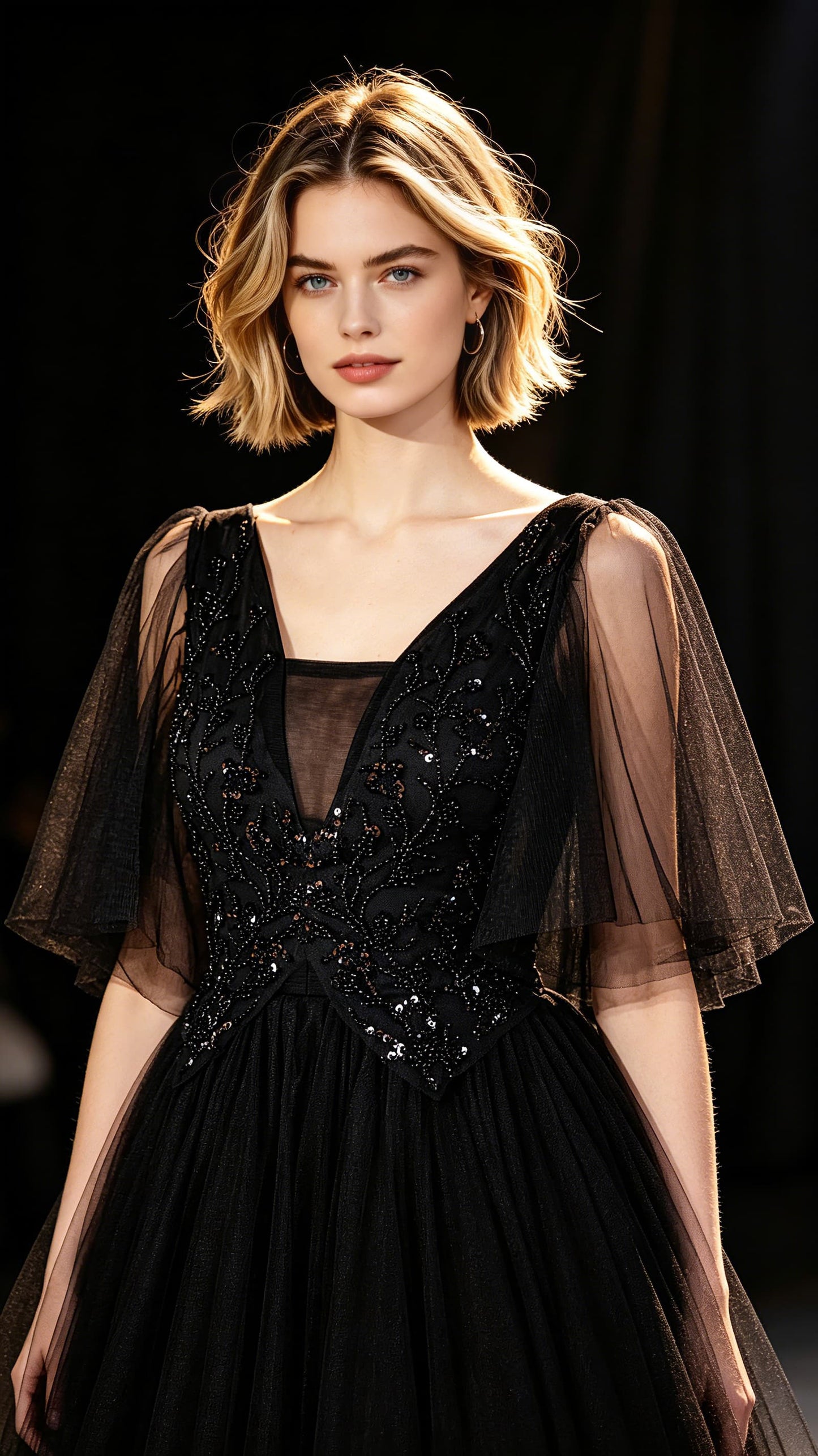Stunning A-line Black Evening Dress V Neck Tulle Long Formal Dress LFNC0429
