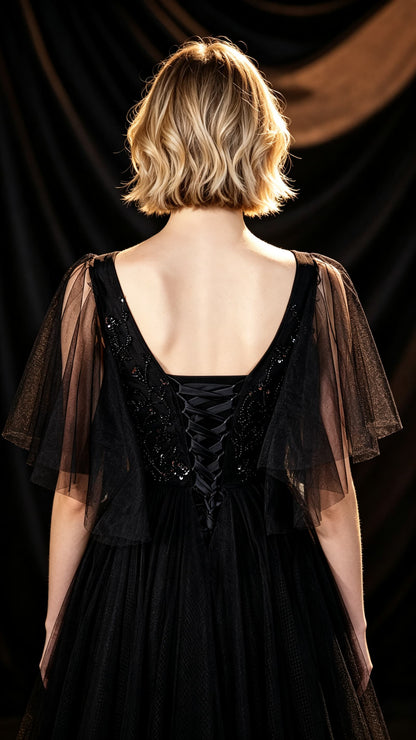 Stunning A-line Black Evening Dress V Neck Tulle Long Formal Dress LFNC0429